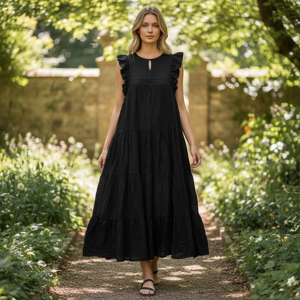 LOFT Tiered Midi Dress Women's LP Black Ruffle Trim Sleeveless Modal Blend